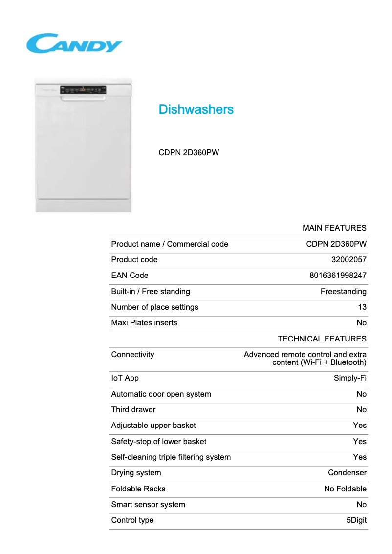 Page 1 de la notice Fiche technique Candy CDPN 2D360PW