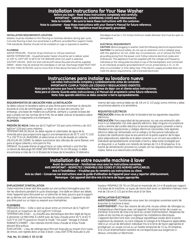 Page 1 de la notice Guide d'installation GE GLWN2800DWS