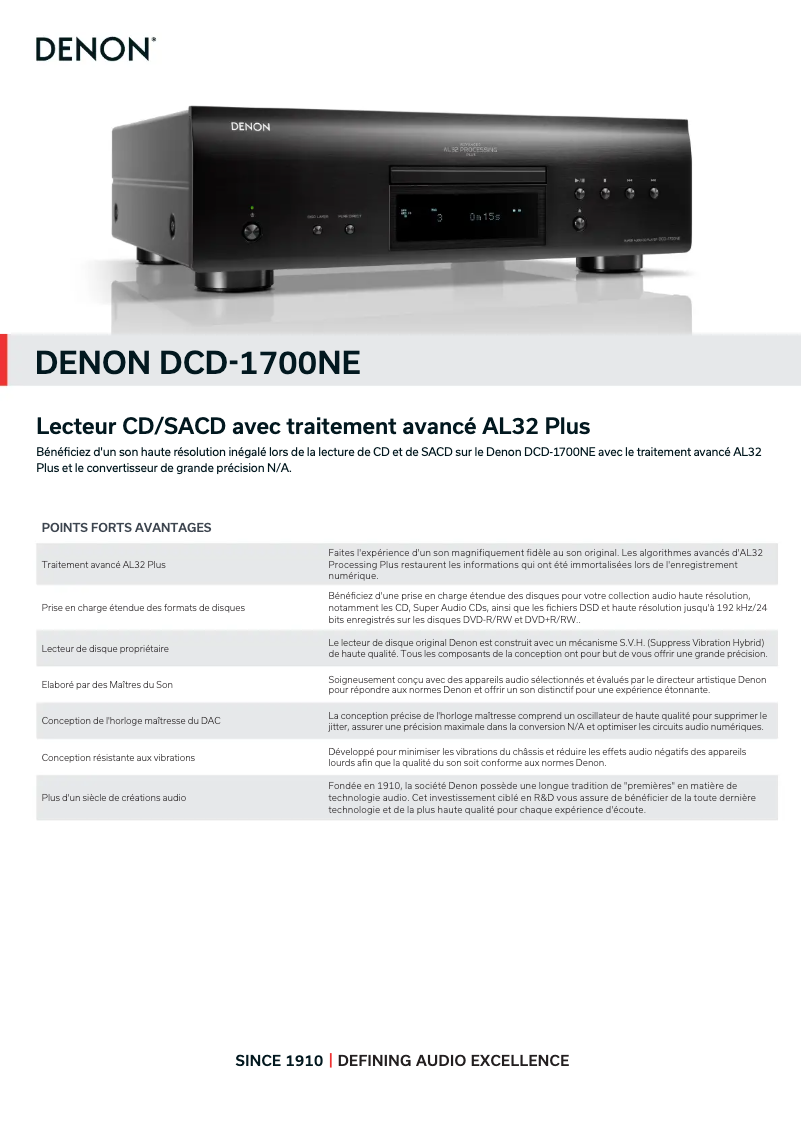 Page 1 de la notice Fiche technique Denon DCD-1700NE