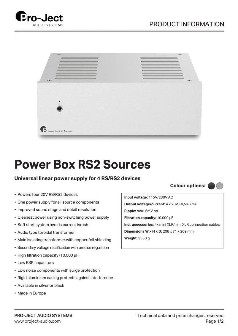 Page n°1 - Fiche technique Pro-Ject Power Box RS2 Sources