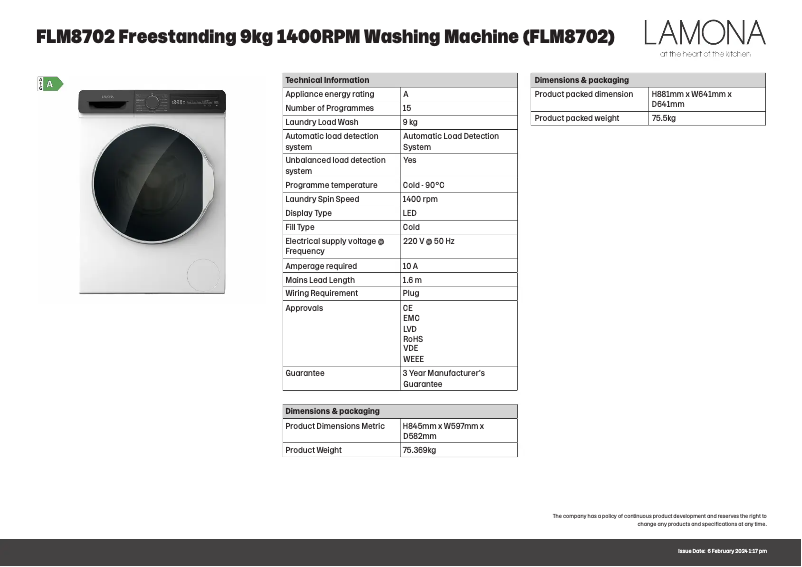 Page 1 de la notice Fiche technique Lamona FLM8702