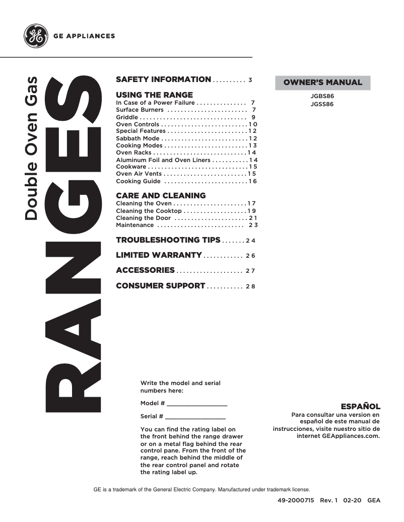 Page 1 de la notice Manuel utilisateur GE JGSS86SPSS