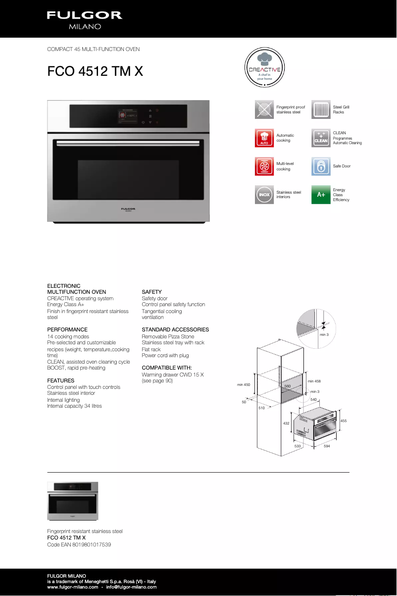 Page 1 de la notice Fiche technique Fulgor Milano FCO 4512 TM