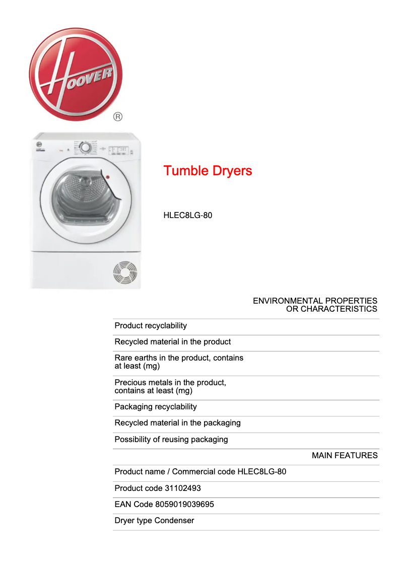 Page 1 de la notice Fiche technique Hoover HLEC8LG-80