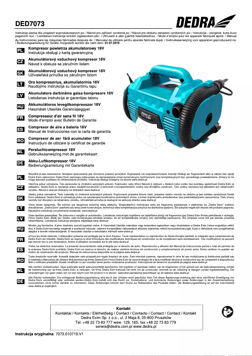 Page n°1 - Manuel utilisateur DEDRA DED7073