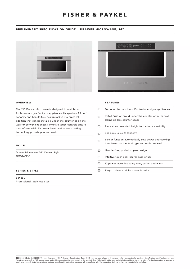 Page 1 de la notice Fiche technique Fisher & Paykel OMD24SPX1