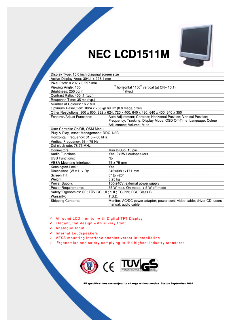 Página 1 del manual Ficha técnica NEC LCD1511M