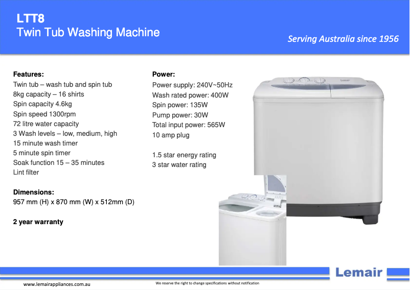 Page 1 de la notice Fiche technique Lemair LTT8