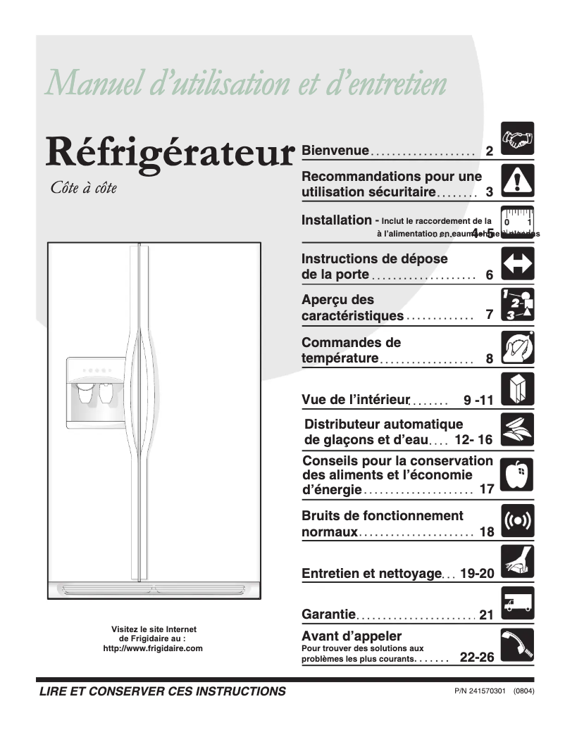 Page n°1 - Manuel utilisateur Frigidaire GLRS263ZDB