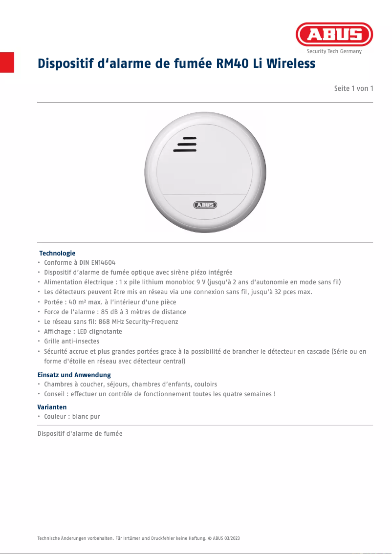 Página 1 del manual Ficha técnica Abus RM40 Li