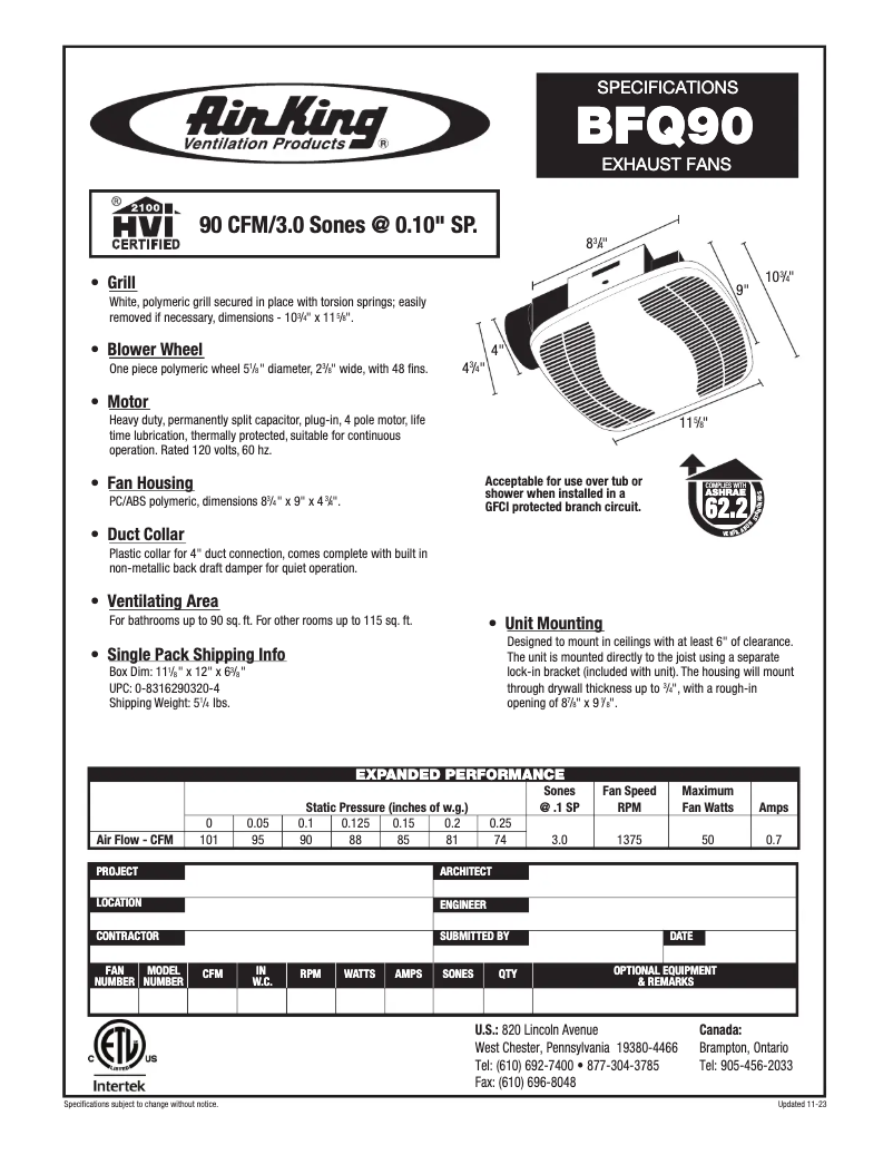 Page 1 de la notice Fiche technique Air King BFQ90
