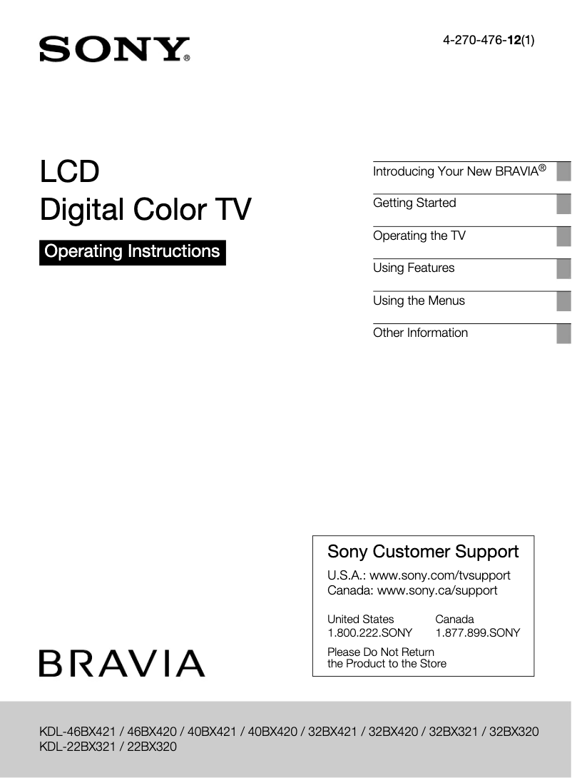 Page n°1 - Manuel utilisateur Sony Bravia KDL-46BX420