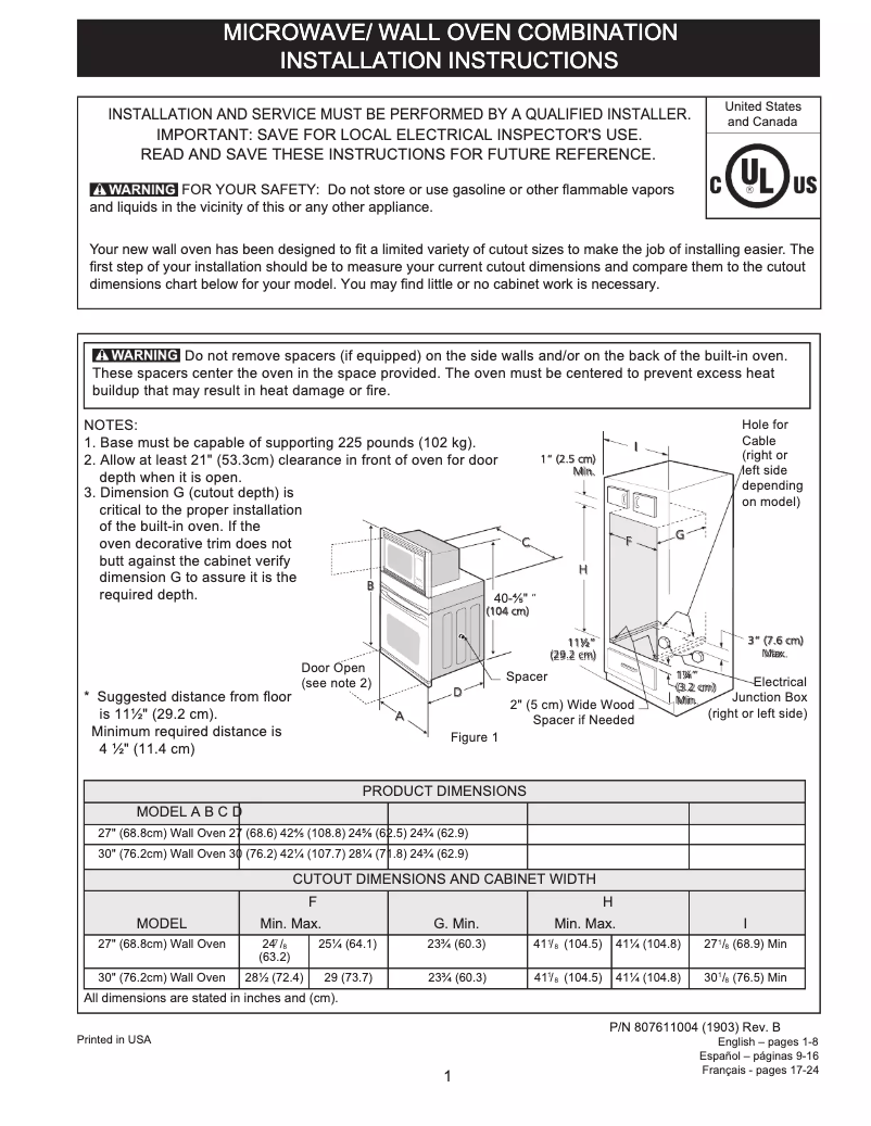 Page n°1 - Guide d'installation Frigidaire FGMC2766UD