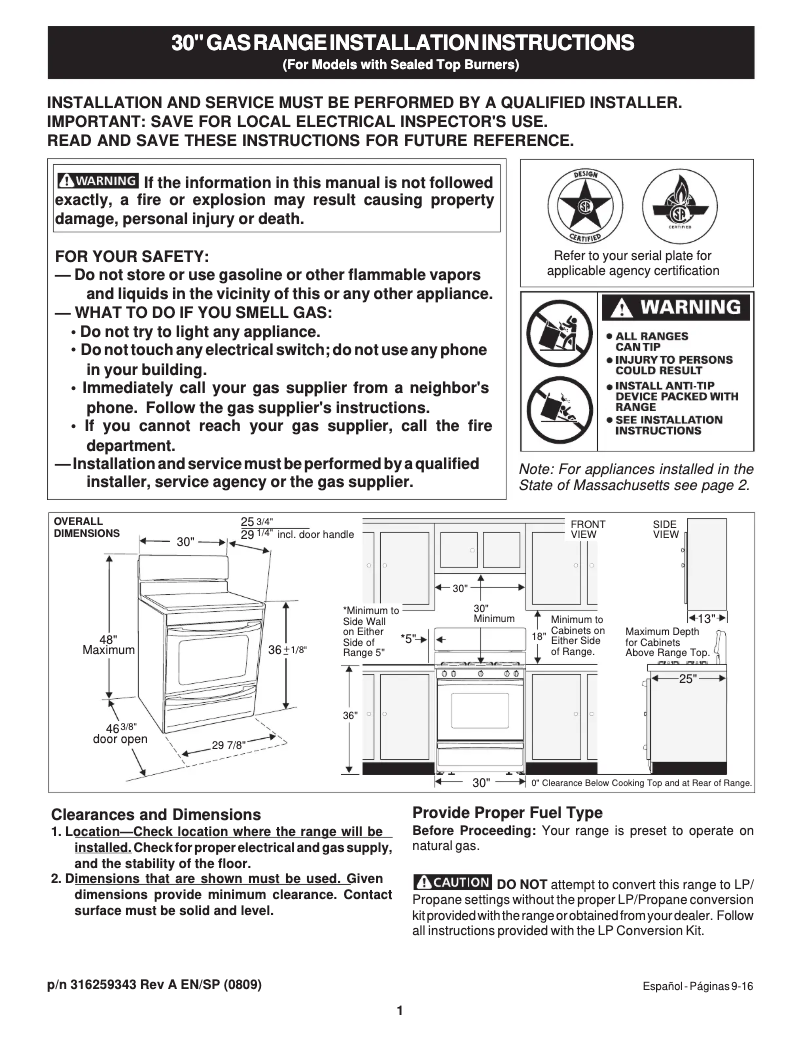 Page n°1 - Guide d'installation Frigidaire FGF368GC