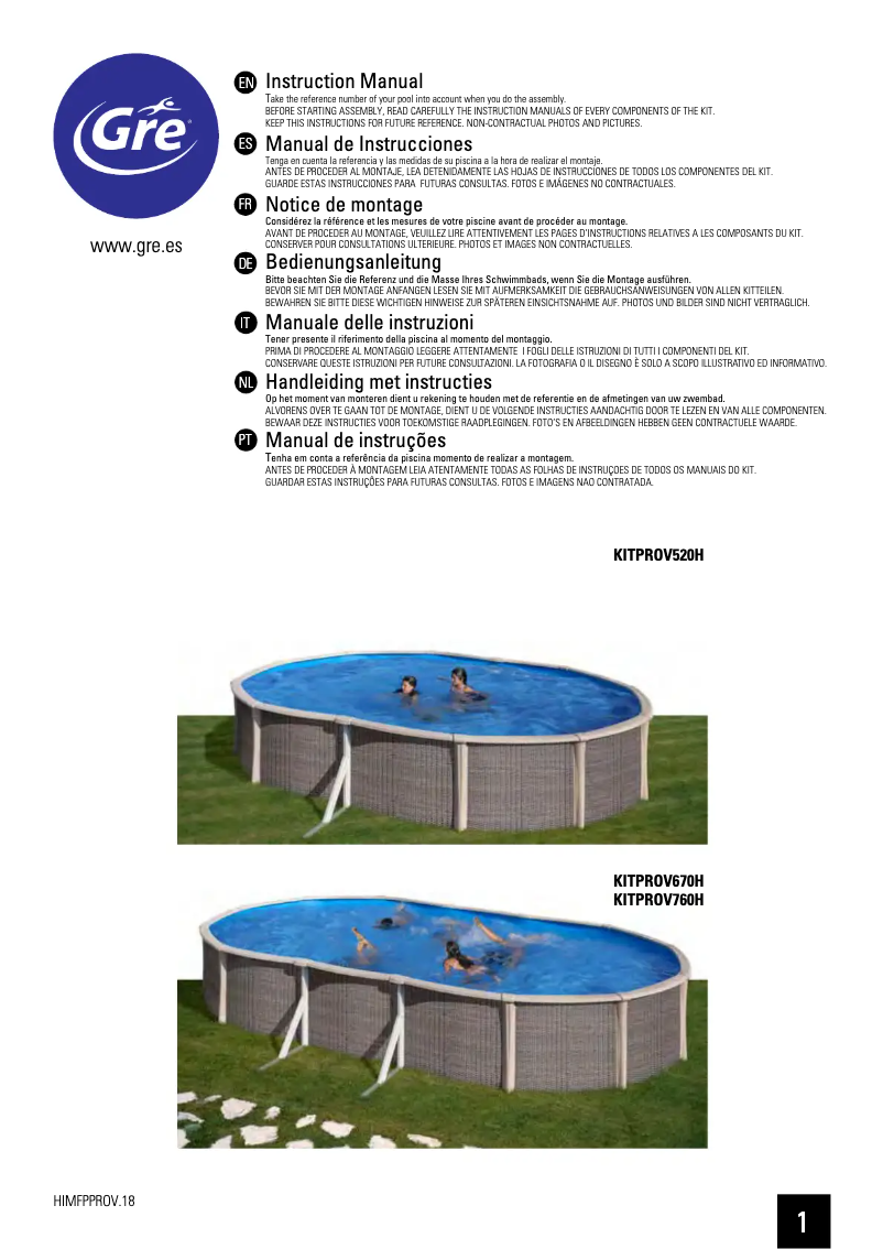 Page 1 de la notice Manuel utilisateur Gre KITPROV760H