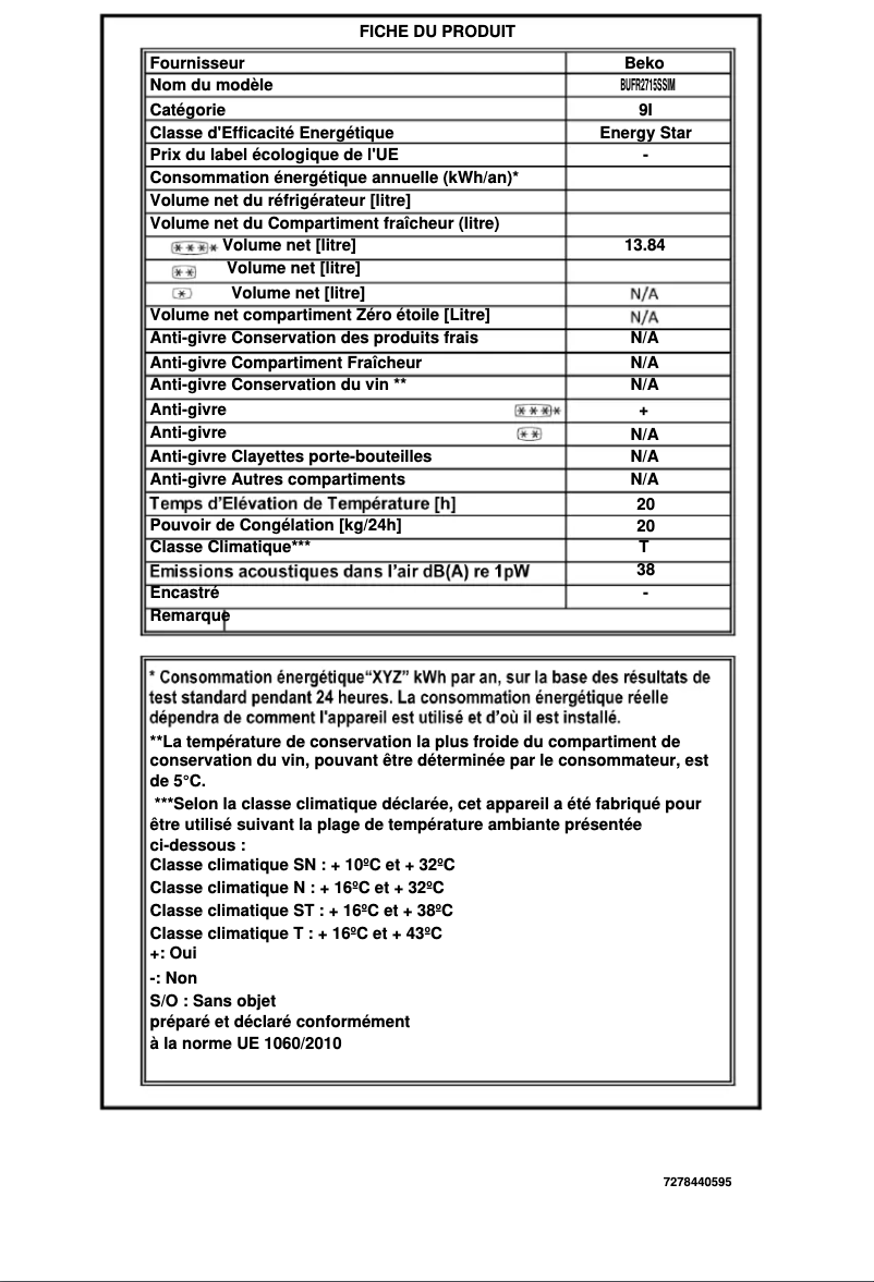 Page n°1 - Fiche technique Beko BUFR2715SSIM