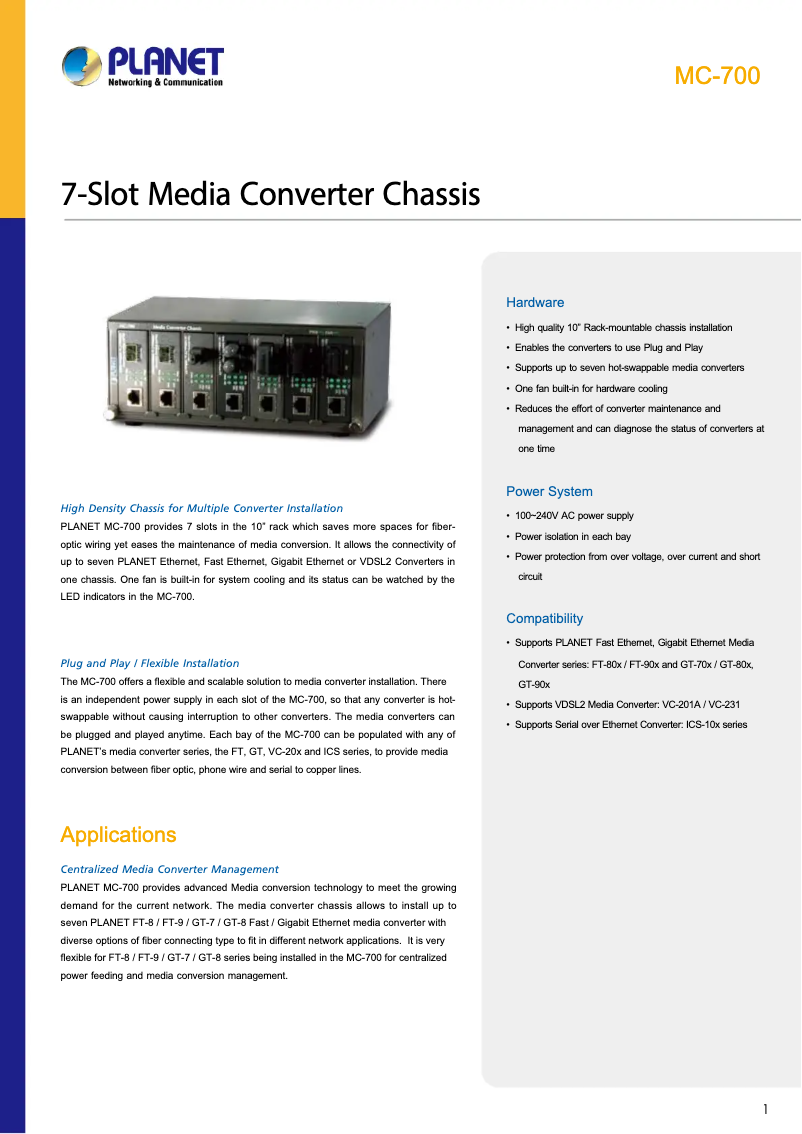 Page 1 de la notice Fiche technique Planet MC-700
