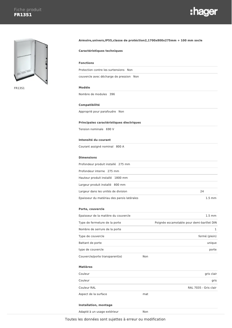 Page 1 de la notice Fiche technique Hager FR13S1