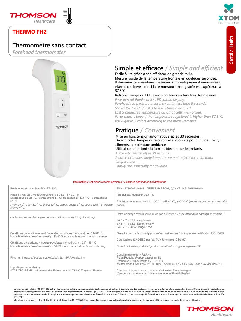 Page 1 de la notice Manuel utilisateur Thomson THERMO FH2