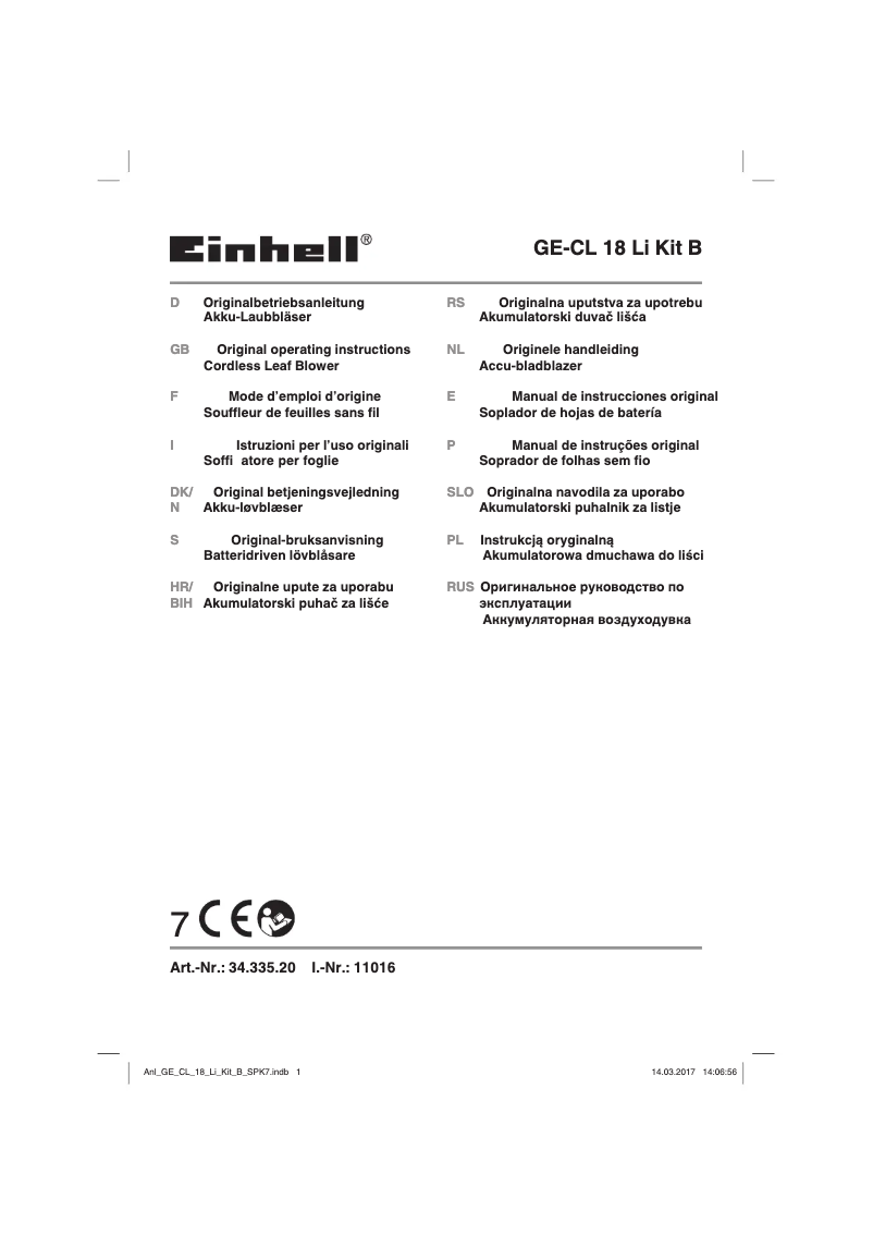Page n°1 - Manuel utilisateur Einhell GE-CL 18 Li Kit
