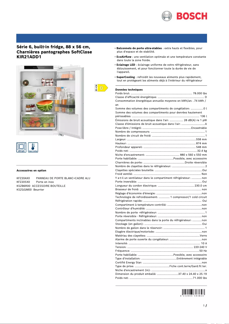 Page n°1 - Fiche technique Bosch KIR21ADD1