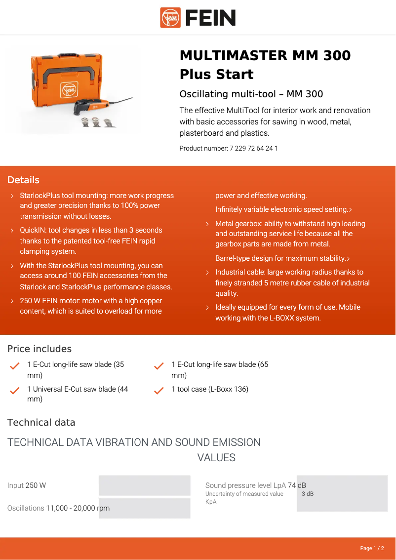 Página 1 del manual Ficha técnica Fein Multimaster MM 300 Plus Start