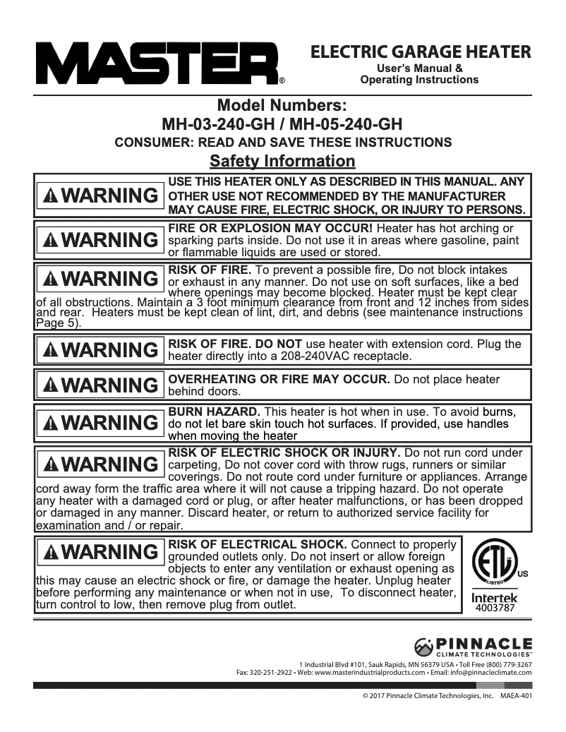 Página 1 del manual Manual de usuario Master MH-05-240-GH