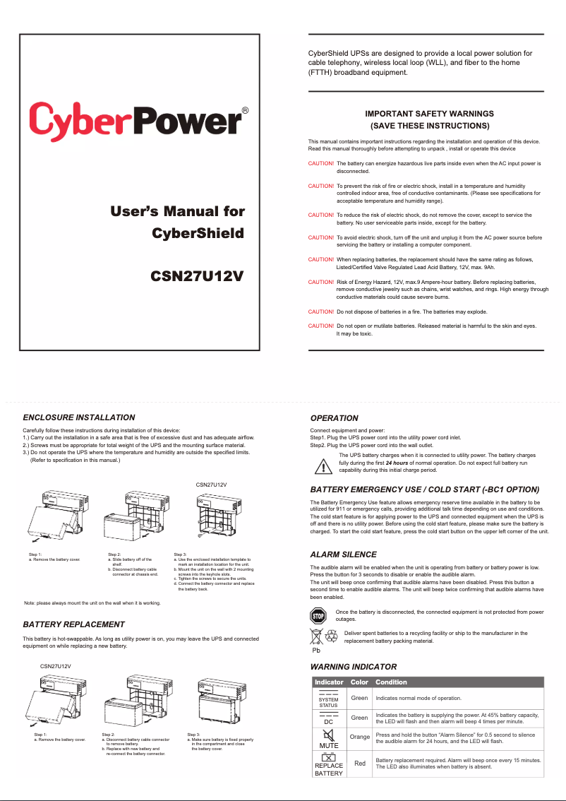 Page n°1 - Manuel utilisateur CyberPower CyberShield FTTx CSN27U12V