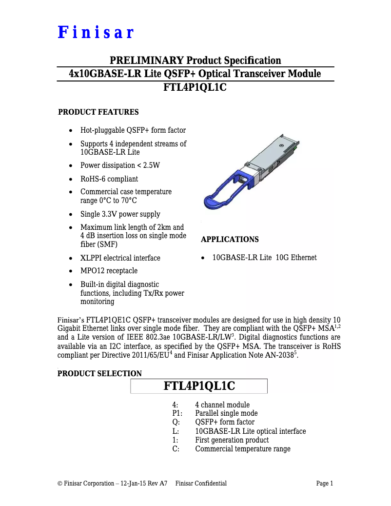 Página 1 del manual Manual de usuario Finisar FTL4P1QL1C