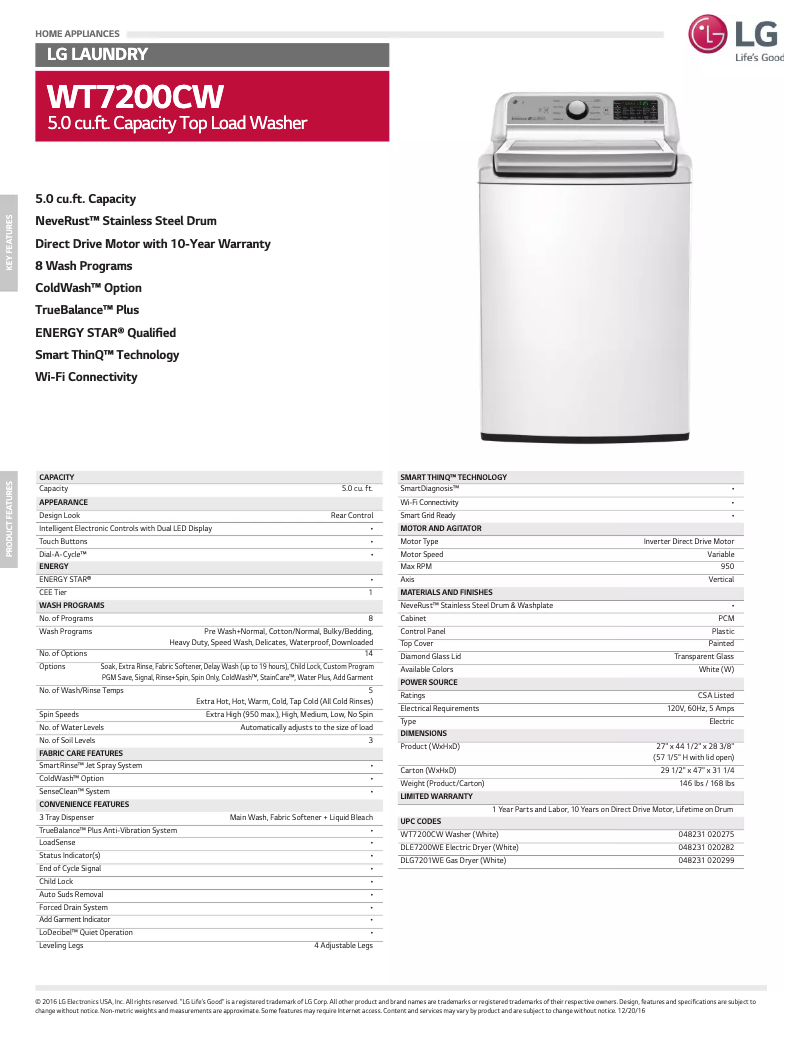 Page 1 de la notice Fiche technique LG WT7200CV