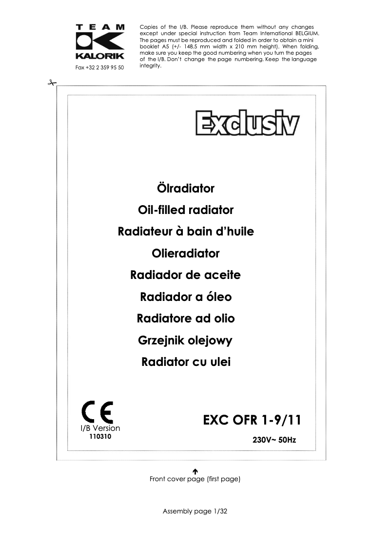 Page 1 de la notice Manuel utilisateur Kalorik EXC OFR 1-9