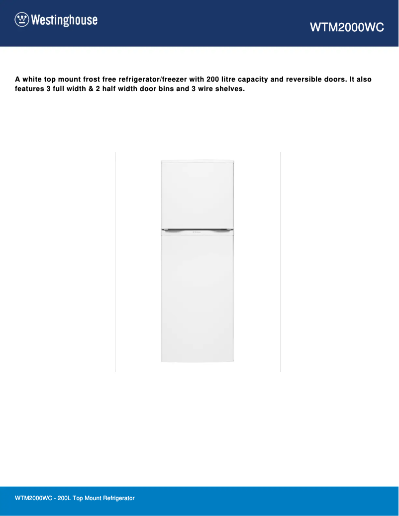 Page 1 de la notice Fiche technique Westinghouse WTM2000WC