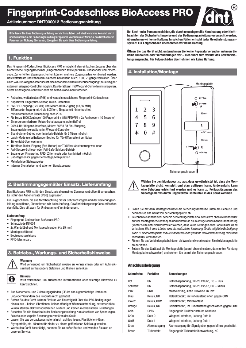 Page 1 de la notice Manuel utilisateur dnt BioAccess PRO