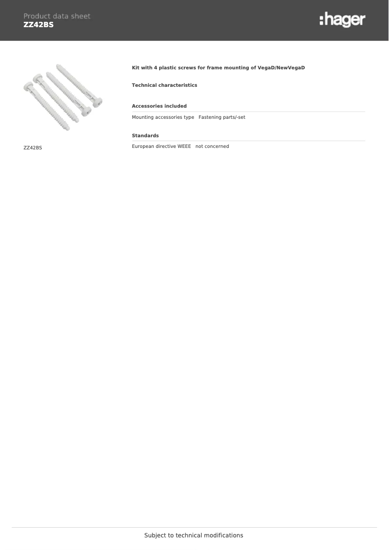 Page n°1 - Fiche technique Hager ZZ42BS