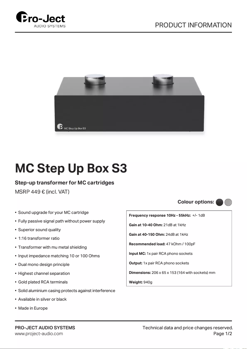 Page 1 de la notice Fiche technique Pro-Ject MC Step Up Box S3