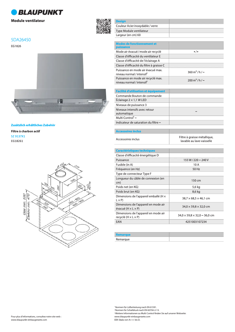 Page 1 de la notice Fiche technique Blaupunkt 5DA26450