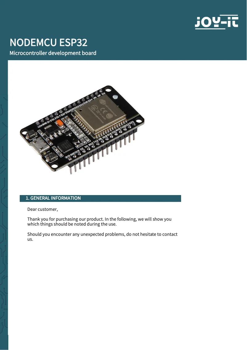 Page n°1 - Manuel utilisateur Joy-It NodeMCU ESP32