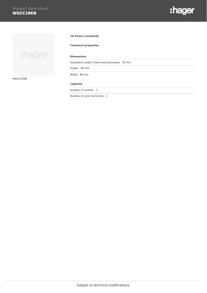 Page n°1 - Fiche technique Hager WGCC1RKB