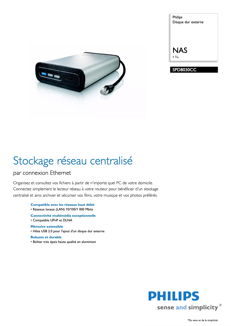 Page 1 de la notice Fiche technique Philips SPD8030CC