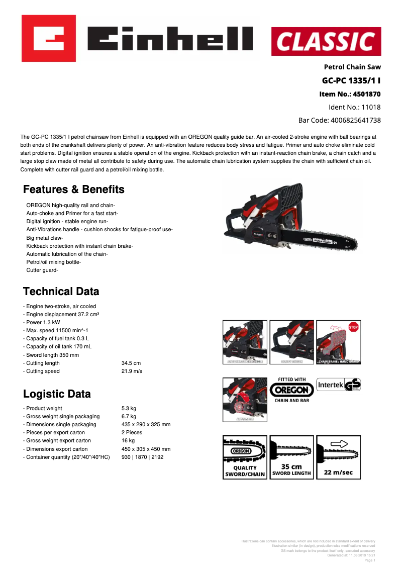 Page 1 de la notice Fiche technique Einhell GC-PC 1335/1 I