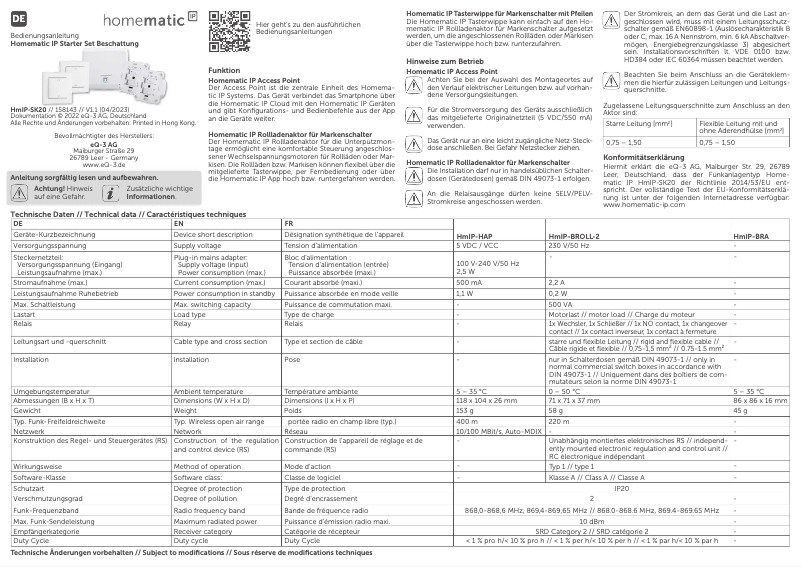 Page n°1 - Manuel utilisateur Homematic IP HmIP-SK20
