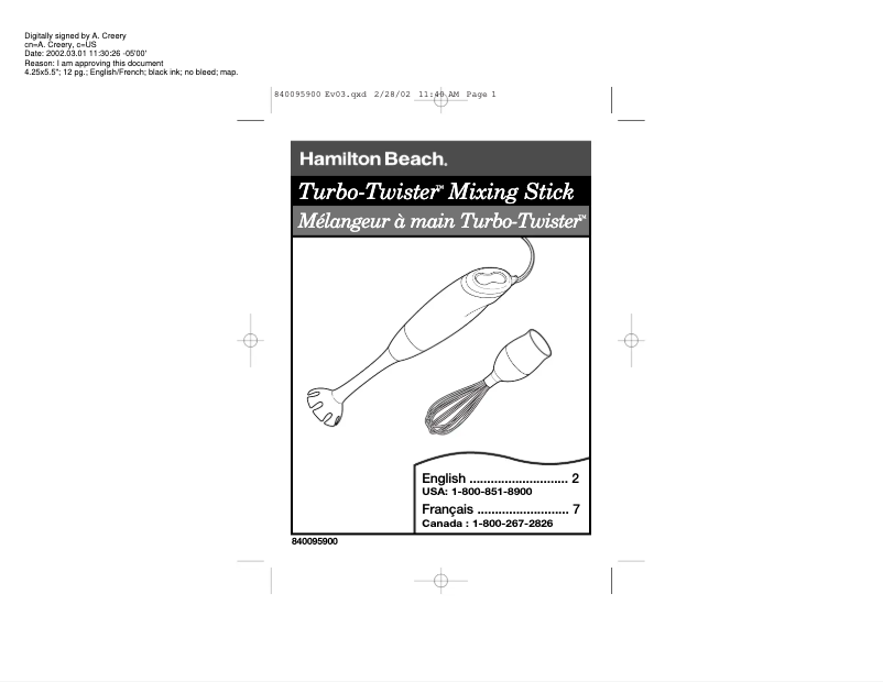 Page 1 de la notice Manuel utilisateur Hamilton Beach Turbo-Twister 59770