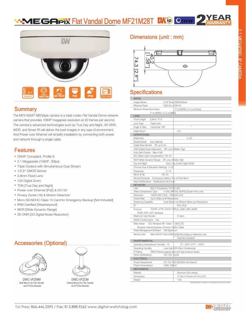 Page 1 de la notice Brochure Digital Watchdog Megapix DWC-MF21M28T