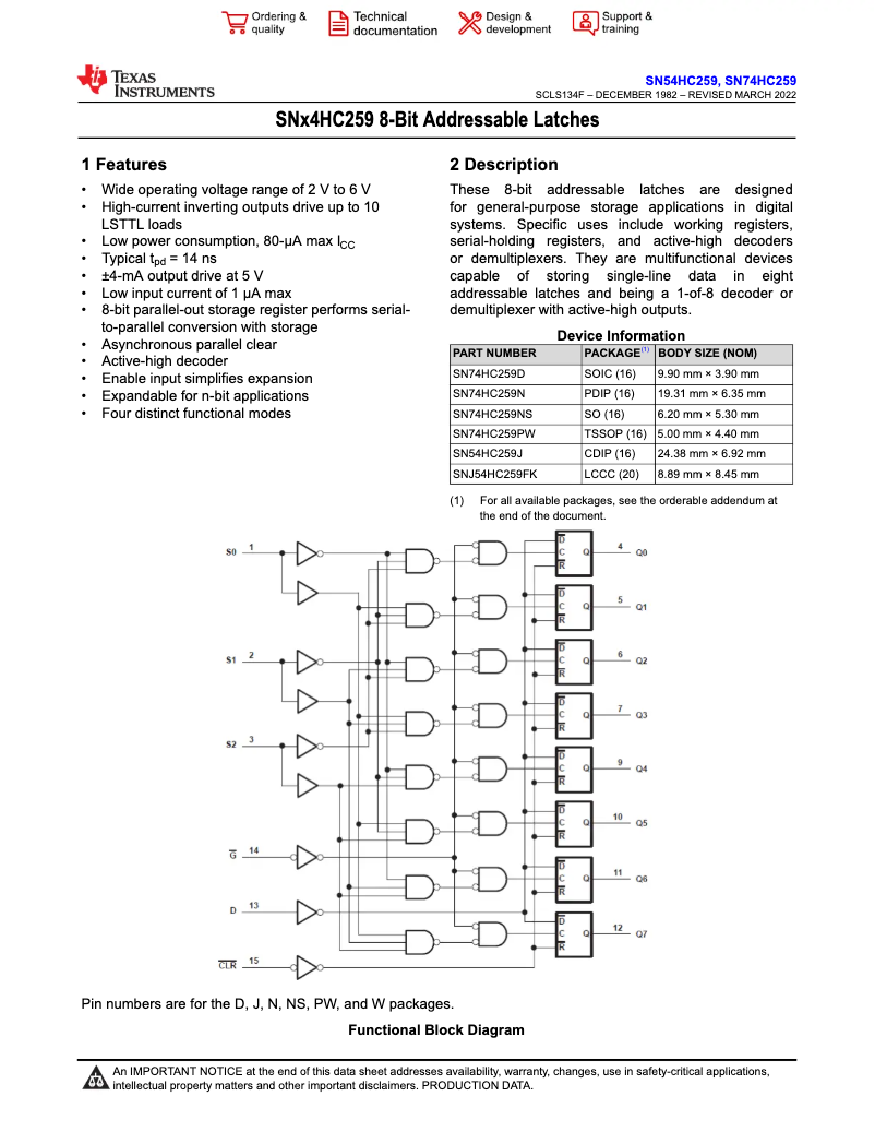 Page 1 de la notice Manuel utilisateur Texas Instruments SN74HC259N