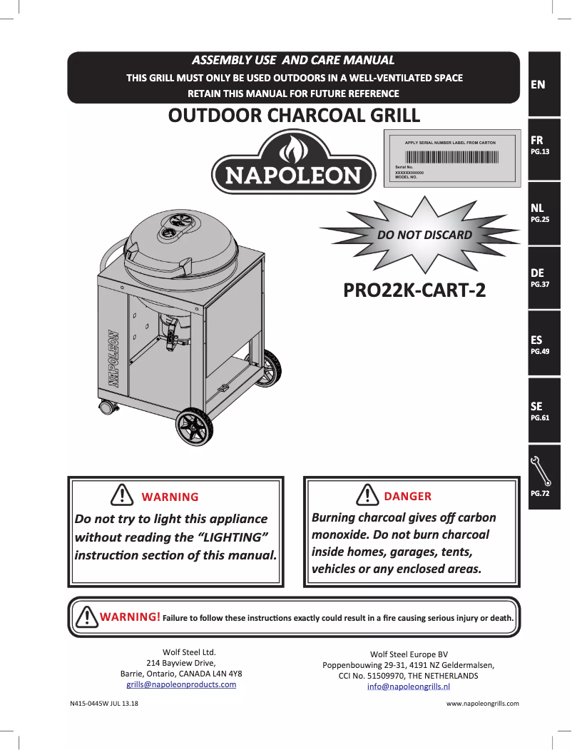 Page 1 de la notice Manuel utilisateur Napoleon Charcoal Pro Cart