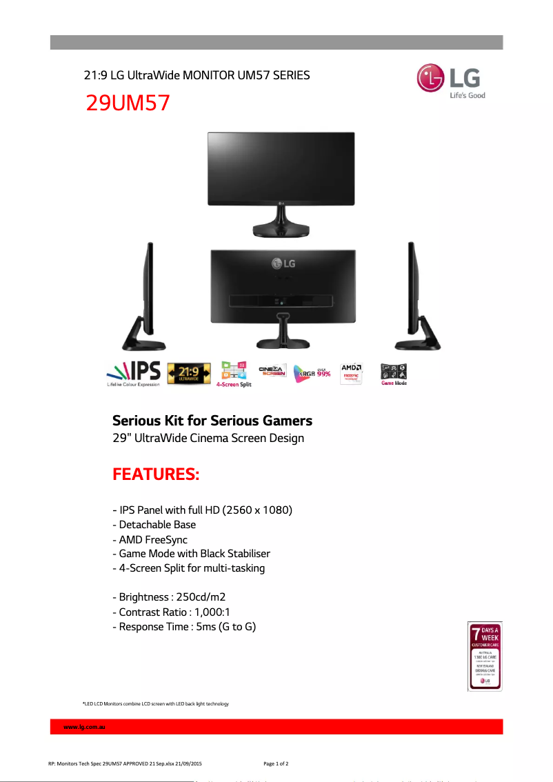Page n°1 - Fiche technique LG 29UM57-P