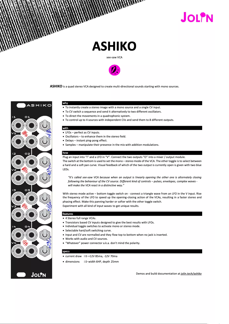 Page 1 de la notice Manuel utilisateur Jolin Ashiko