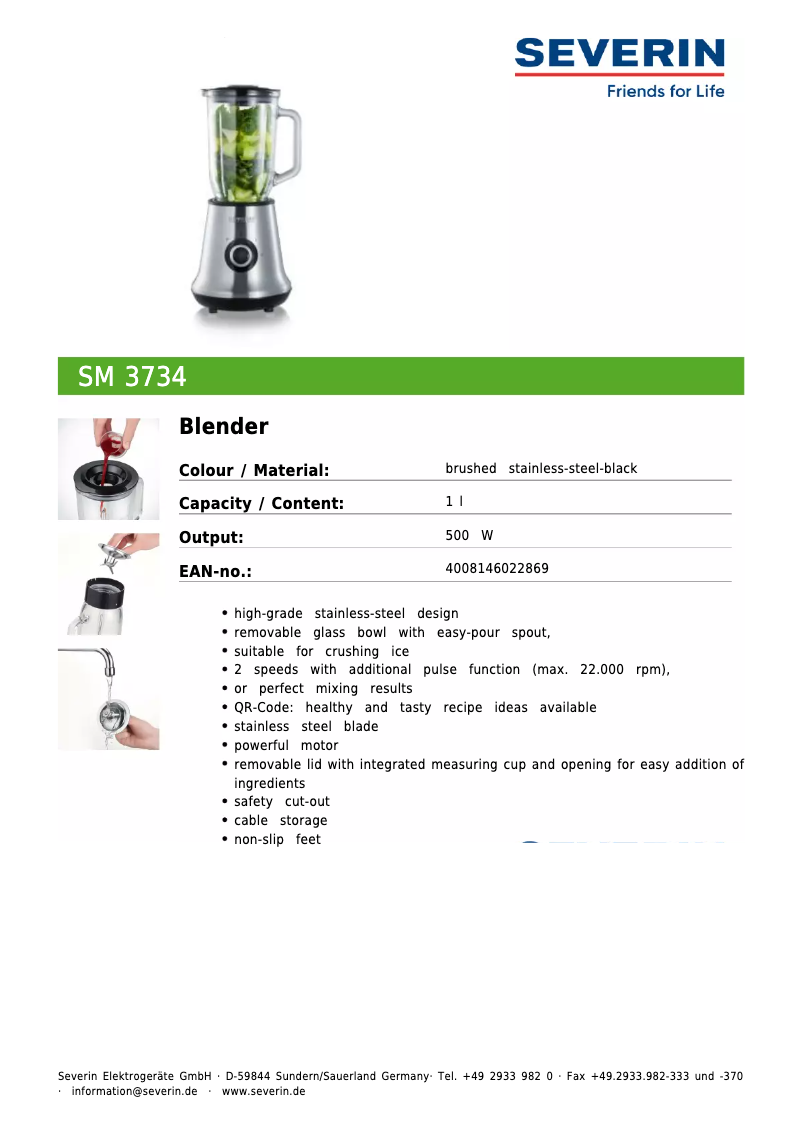Page 1 de la notice Fiche technique Severin SM 3734