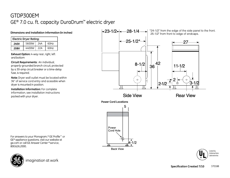 Page 1 de la notice Fiche technique GE DuraDrum GTDP300EMWS