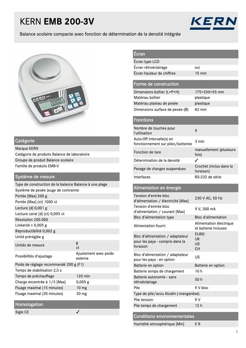 Page 1 de la notice Fiche technique Kern EMB 200-3V